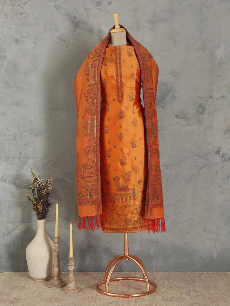 ImageNoor Mahal Organza Silk Unstitched Suit – Saffron Gold