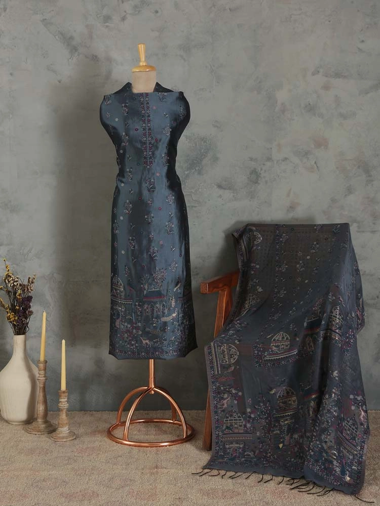 ImageNoor Mahal Organza Silk Unstitched Suit – Fossil Grey