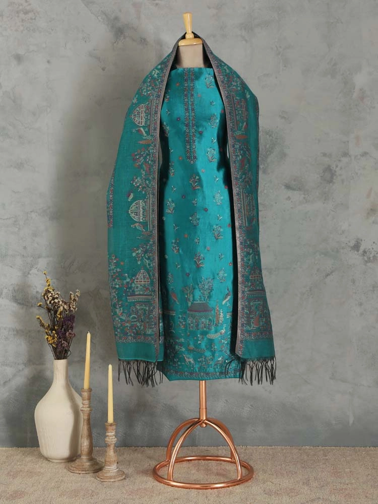 ImageGul Durbar Organza Silk Suit Fabric – Deep Teal