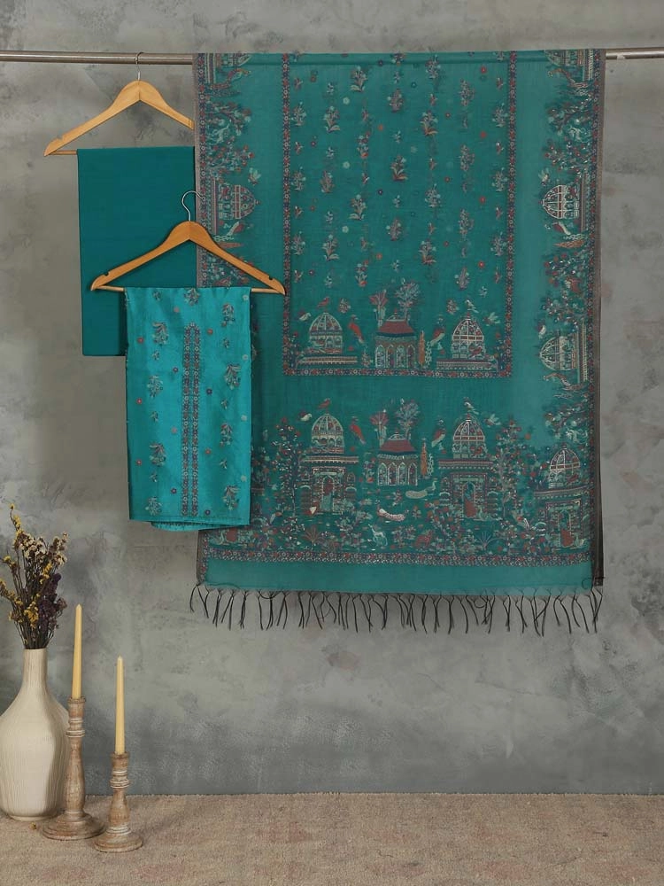 ImageGul Durbar Organza Silk Suit Fabric – Deep Teal