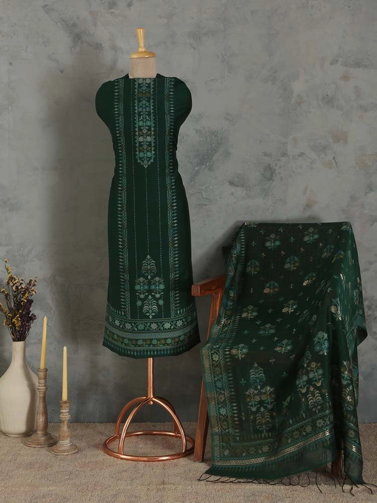 Mihrimah Floral Silk Linen Unstitched Suit Set - Forest Green