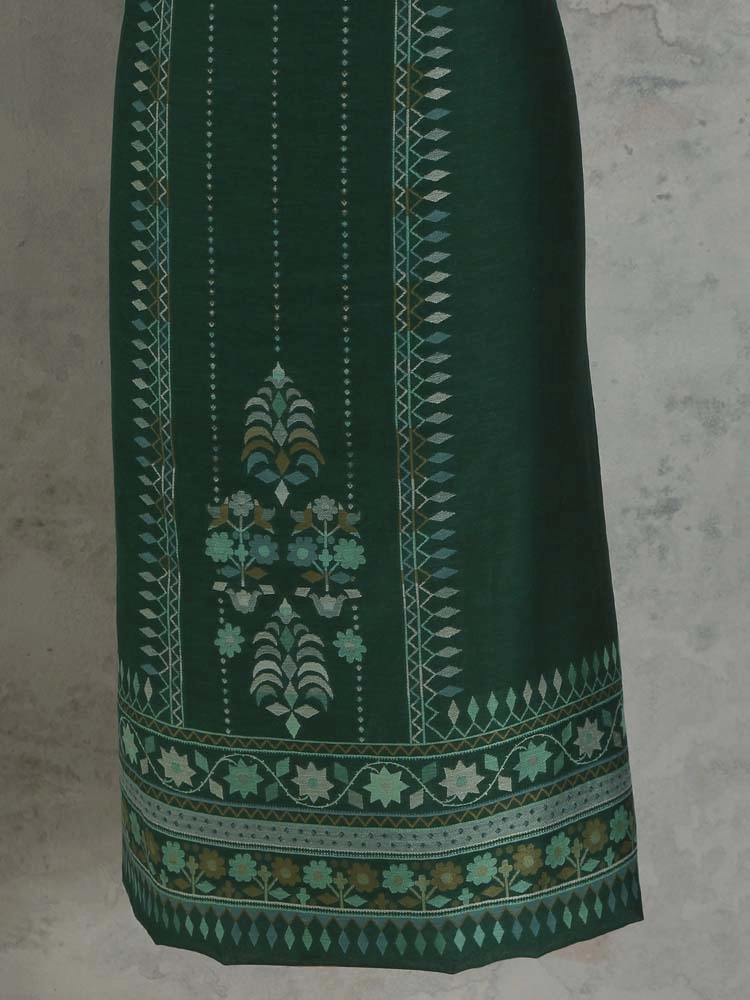 ImageMihrimah Floral Silk Linen Unstitched Suit Set – Forest Green