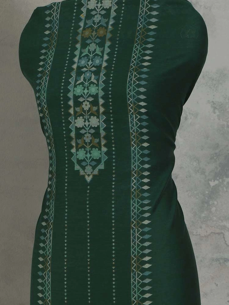 ImageMihrimah Floral Silk Linen Unstitched Suit Set – Forest Green