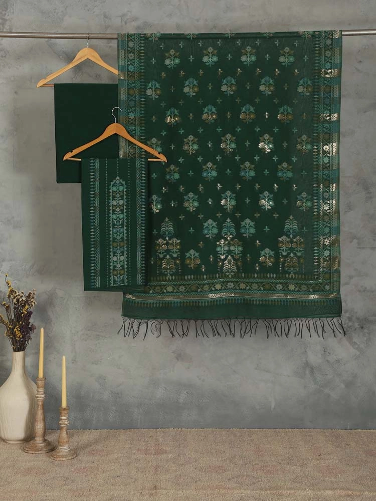 ImageMihrimah Floral Silk Linen Unstitched Suit Set – Forest Green