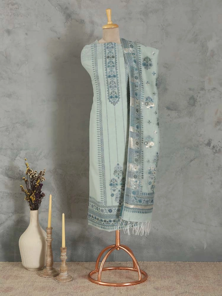 Mihrimah Floral Silk Linen Unstitched Suit Set - Oyster Blue