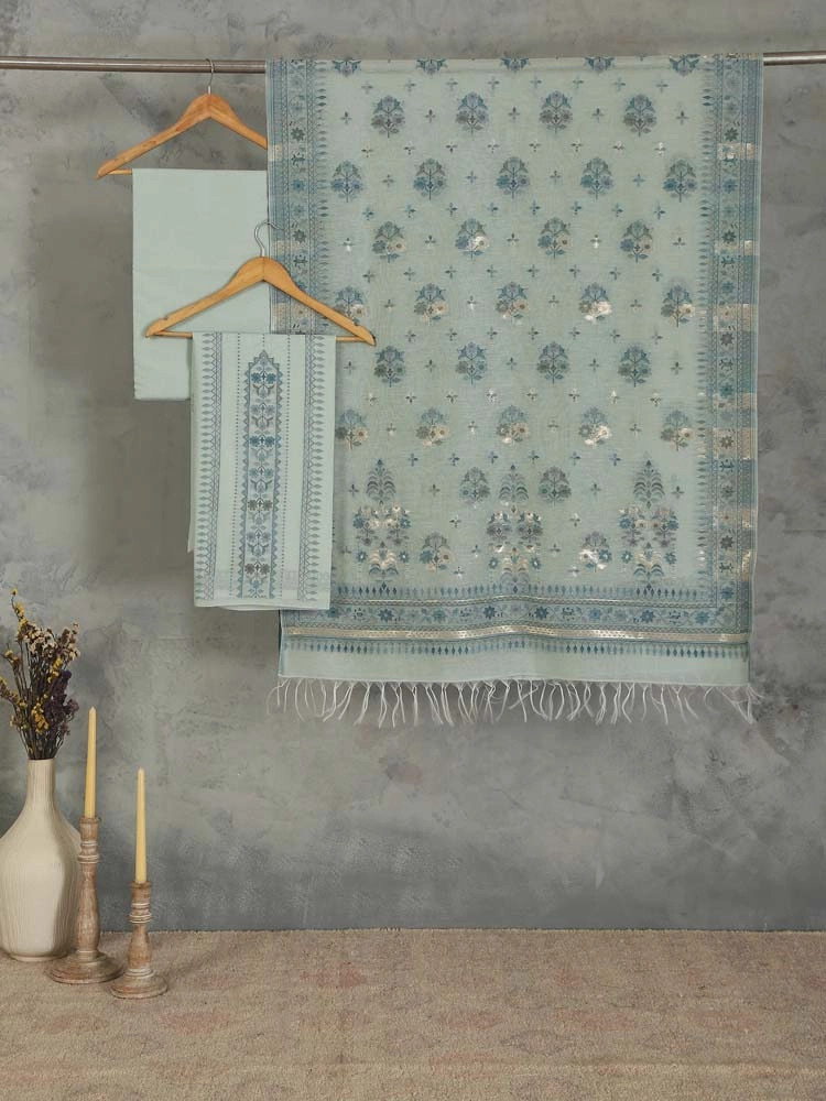 ImageMihrimah Floral Silk Linen Unstitched Suit Set – Oyster Blue