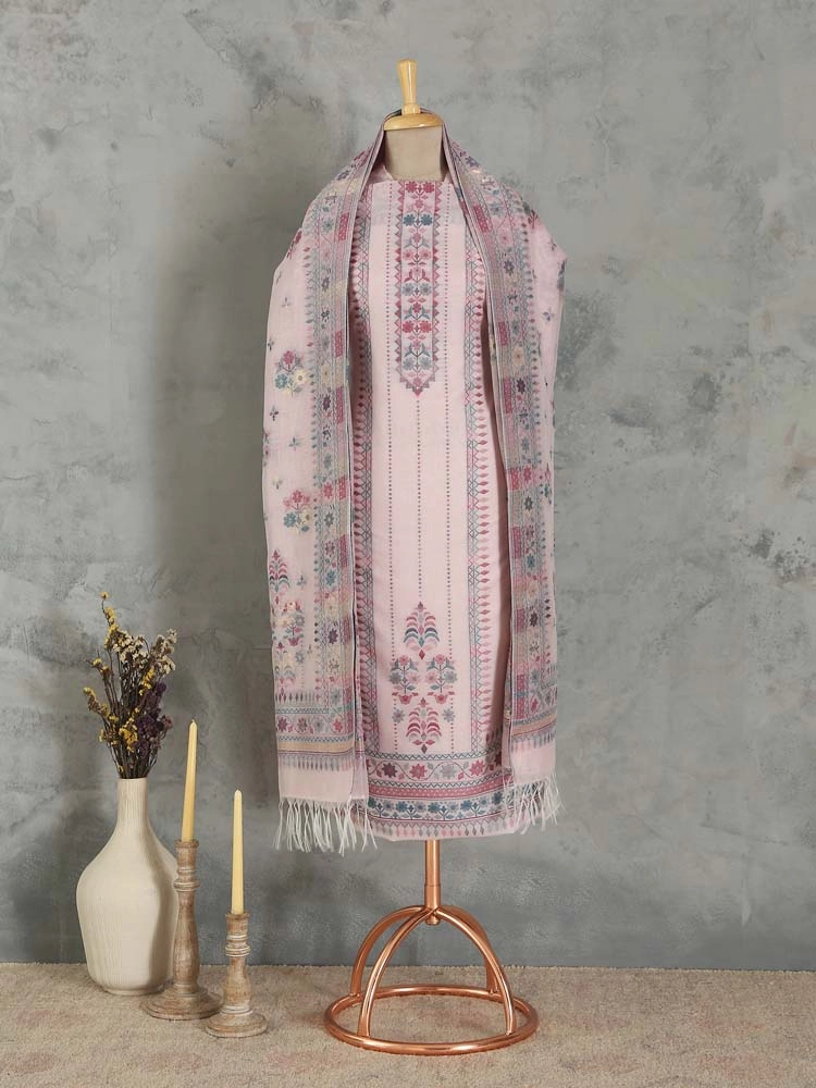 ImageMihrimah Floral Silk Linen Unstitched Suit Set – Petal Dust