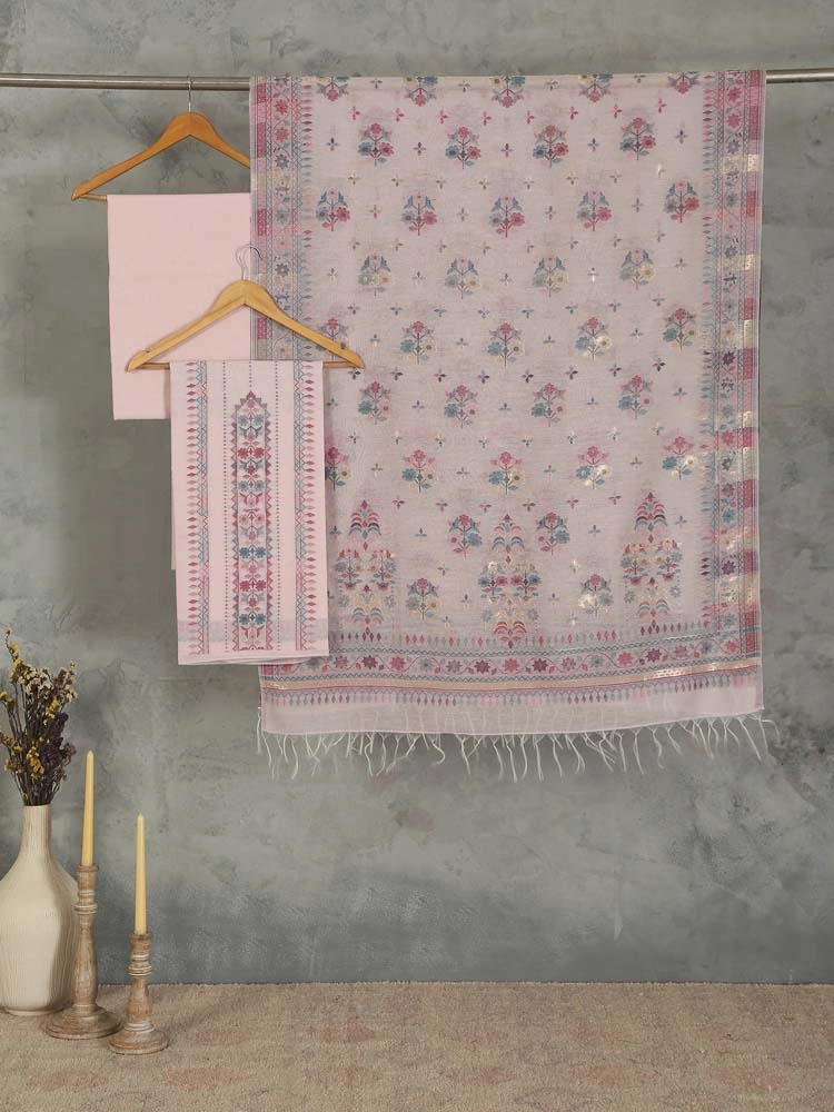 ImageMihrimah Floral Silk Linen Unstitched Suit Set – Petal Dust