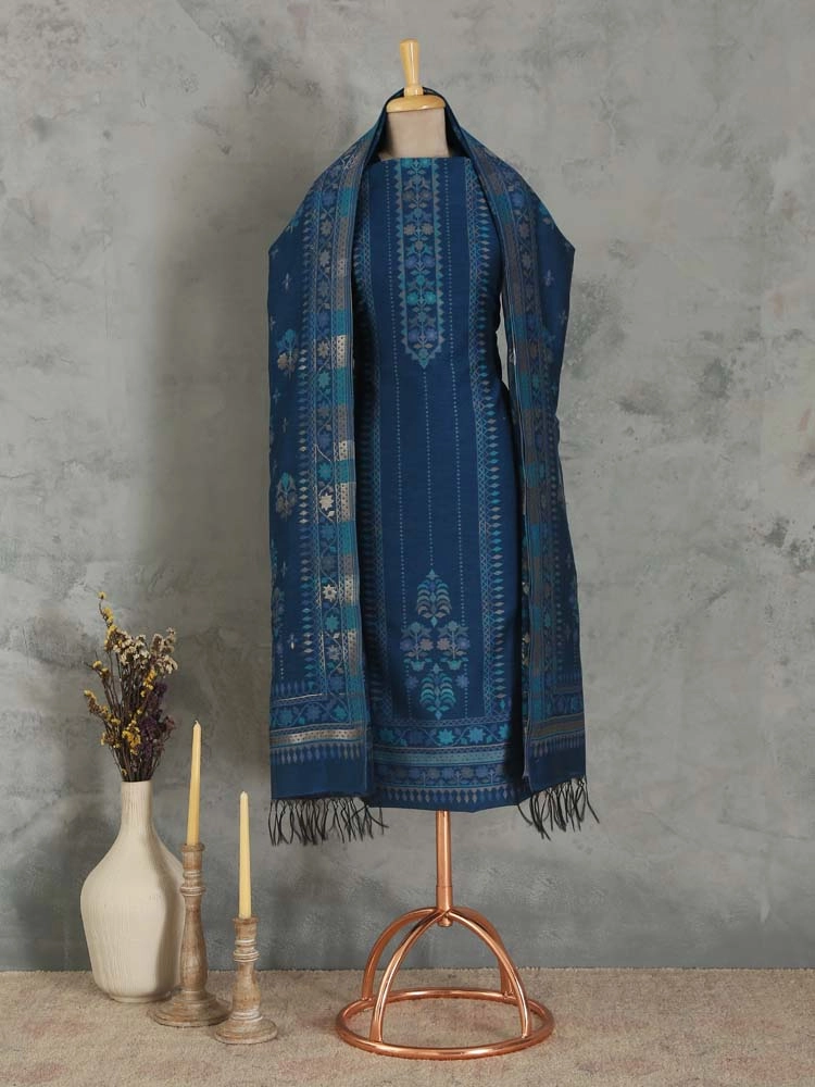 ImageMihrimah Floral Silk Linen Unstitched Suit Set – Bergamo Blue