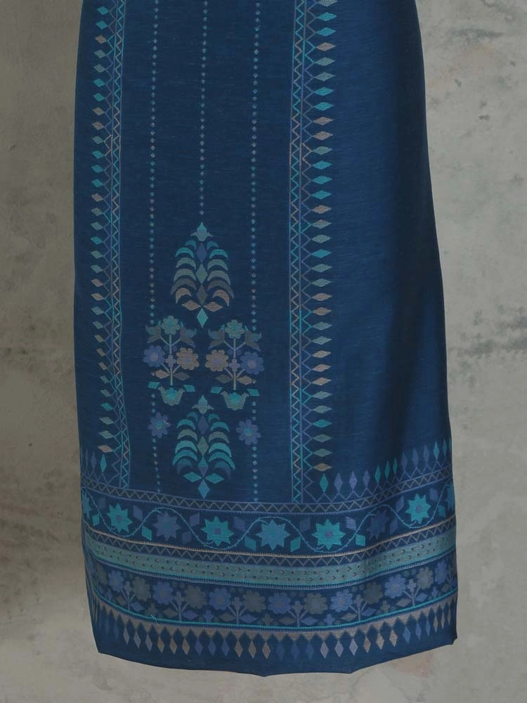 ImageMihrimah Floral Silk Linen Unstitched Suit Set – Bergamo Blue