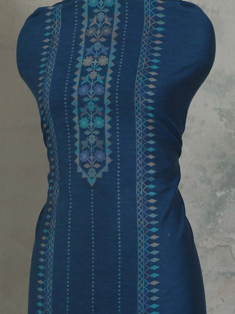 ImageMihrimah Floral Silk Linen Unstitched Suit Set – Bergamo Blue