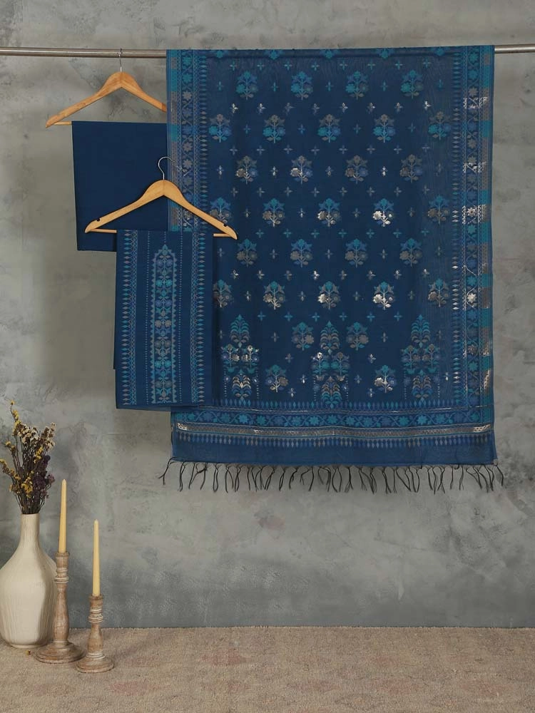 ImageMihrimah Floral Silk Linen Unstitched Suit Set – Bergamo Blue