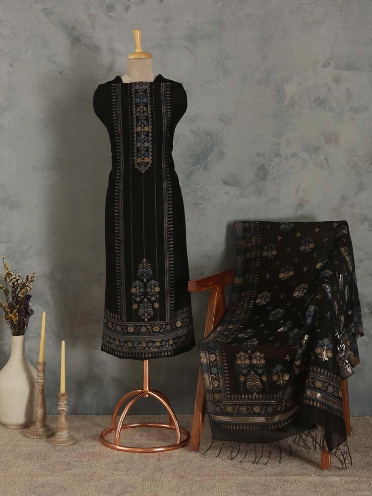 Mihrimah Floral Silk Linen Unstitched Suit Set - Beirut Black