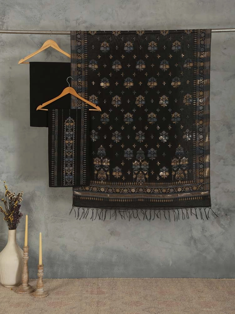 ImageMihrimah Floral Silk Linen Unstitched Suit Set – Beirut Black