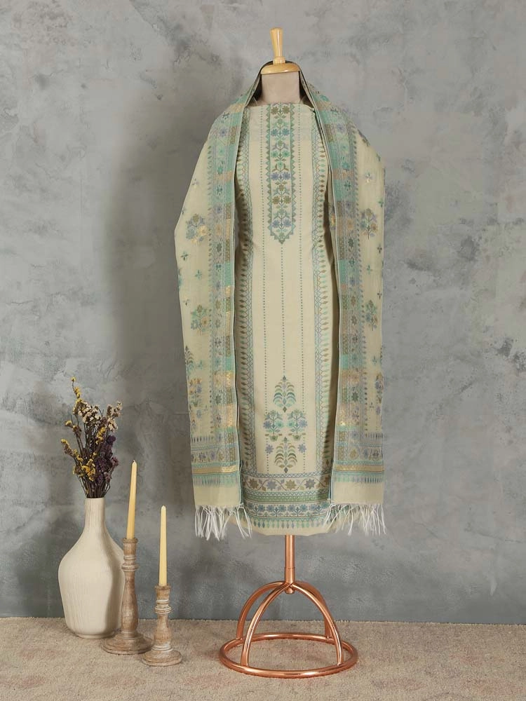 Mihrimah Floral Silk Linen Unstitched Suit Set - Shahi Ivory