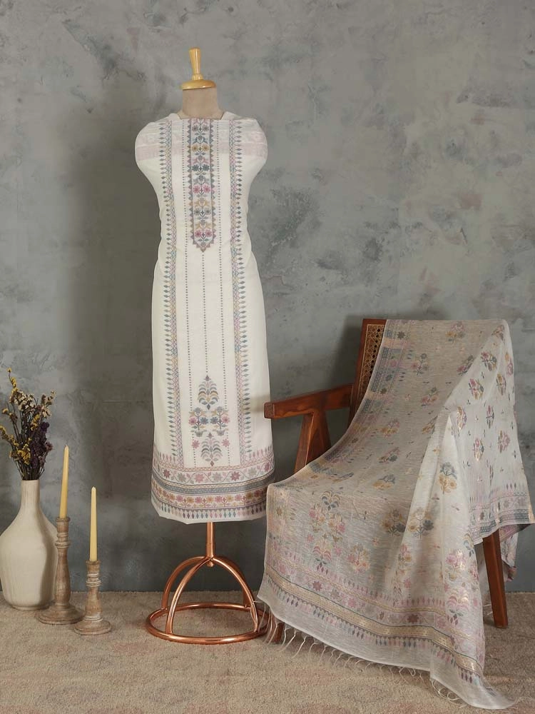 ImageMihrimah Floral Silk Linen Unstitched Suit Set – Zari Offwhite