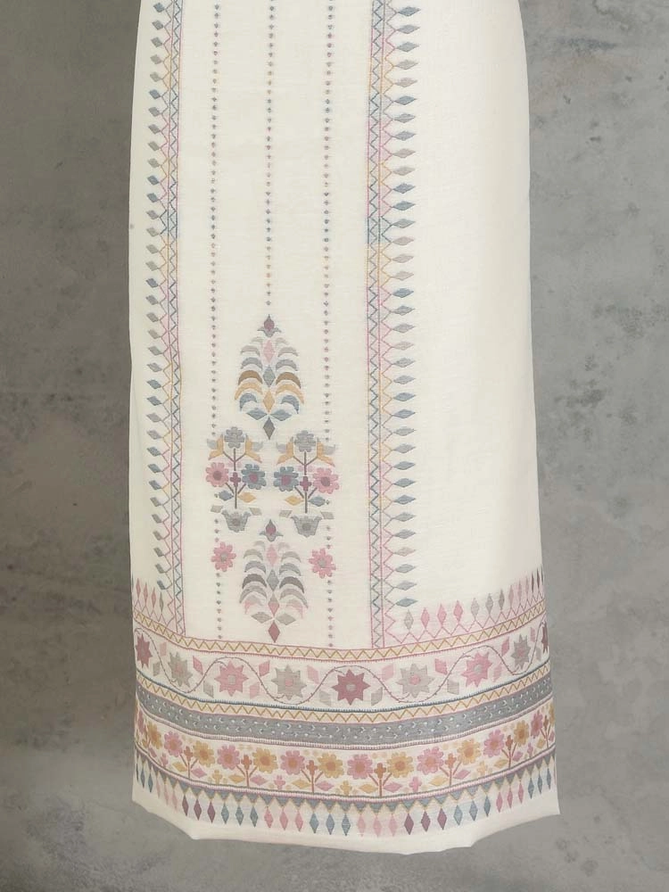 ImageMihrimah Floral Silk Linen Unstitched Suit Set – Zari Offwhite