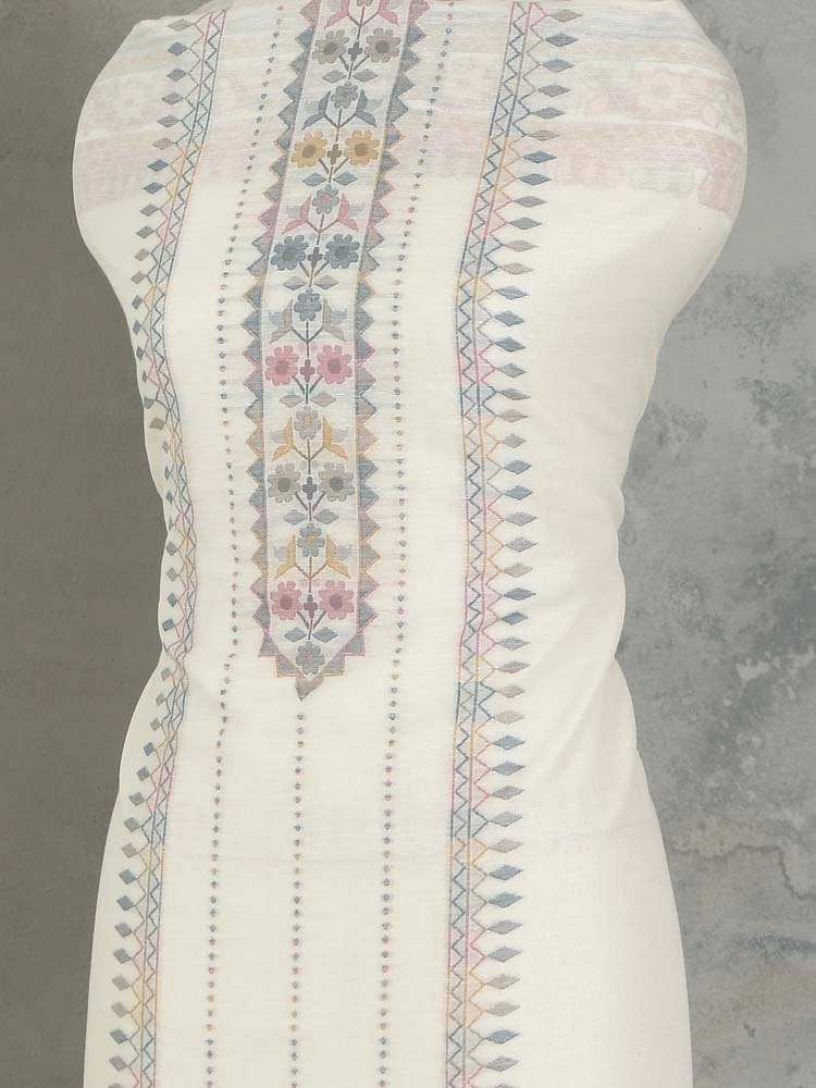 ImageMihrimah Floral Silk Linen Unstitched Suit Set – Zari Offwhite