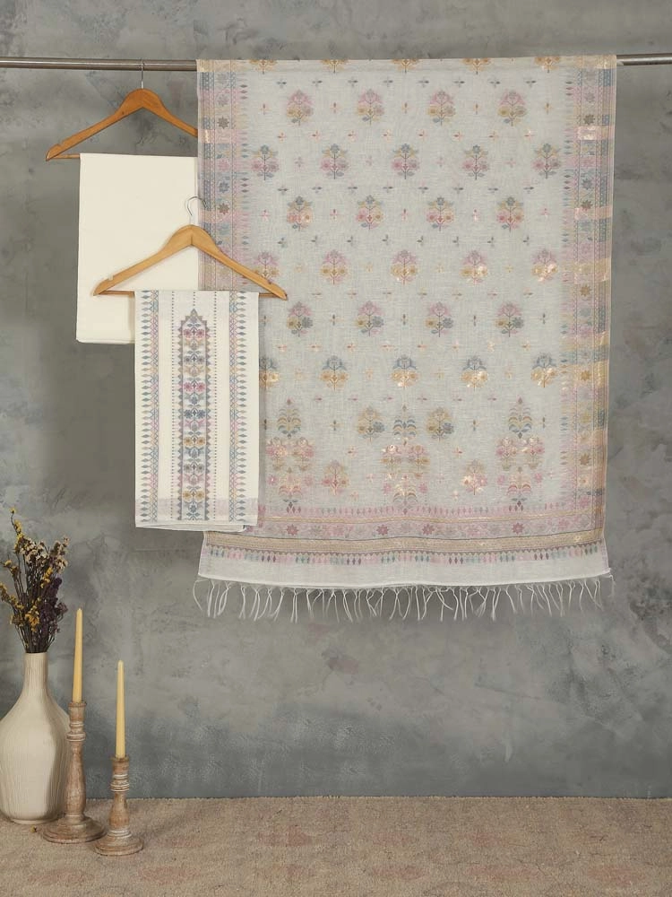 ImageMihrimah Floral Silk Linen Unstitched Suit Set – Zari Offwhite
