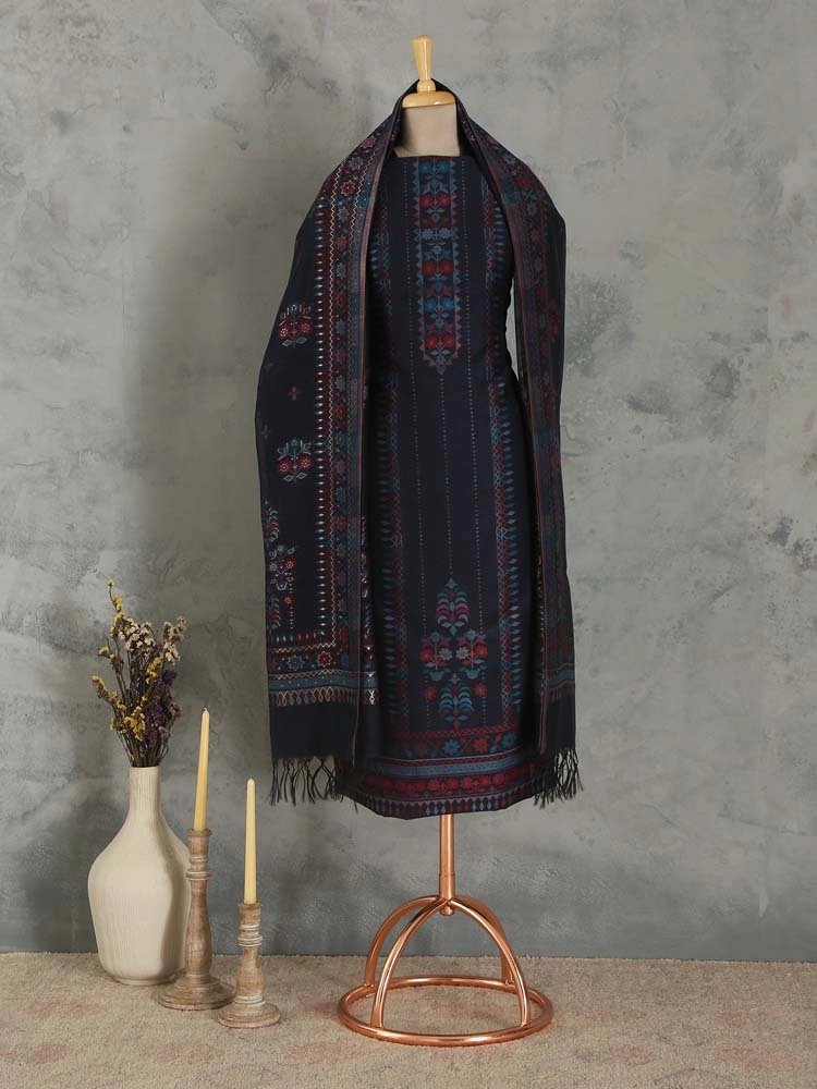 ImageMihrimah Floral Silk Linen Unstitched Suit Set – Neelam Navy