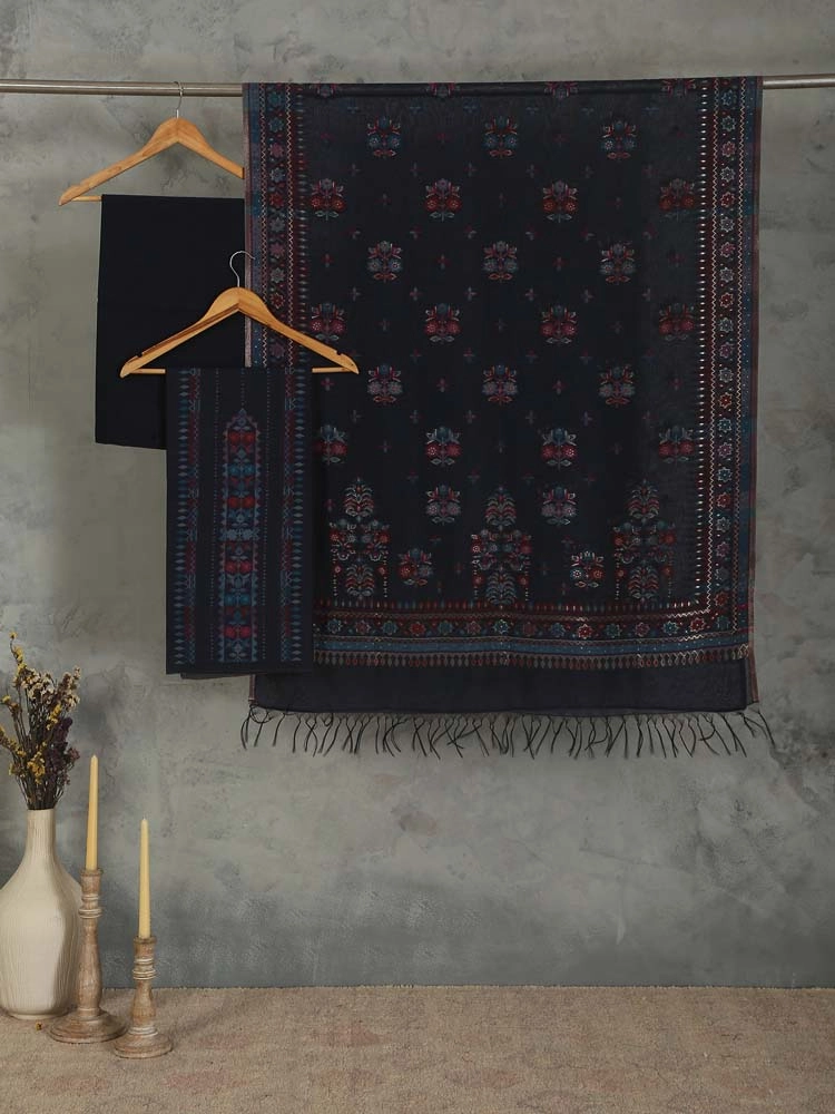 ImageMihrimah Floral Silk Linen Unstitched Suit Set – Neelam Navy
