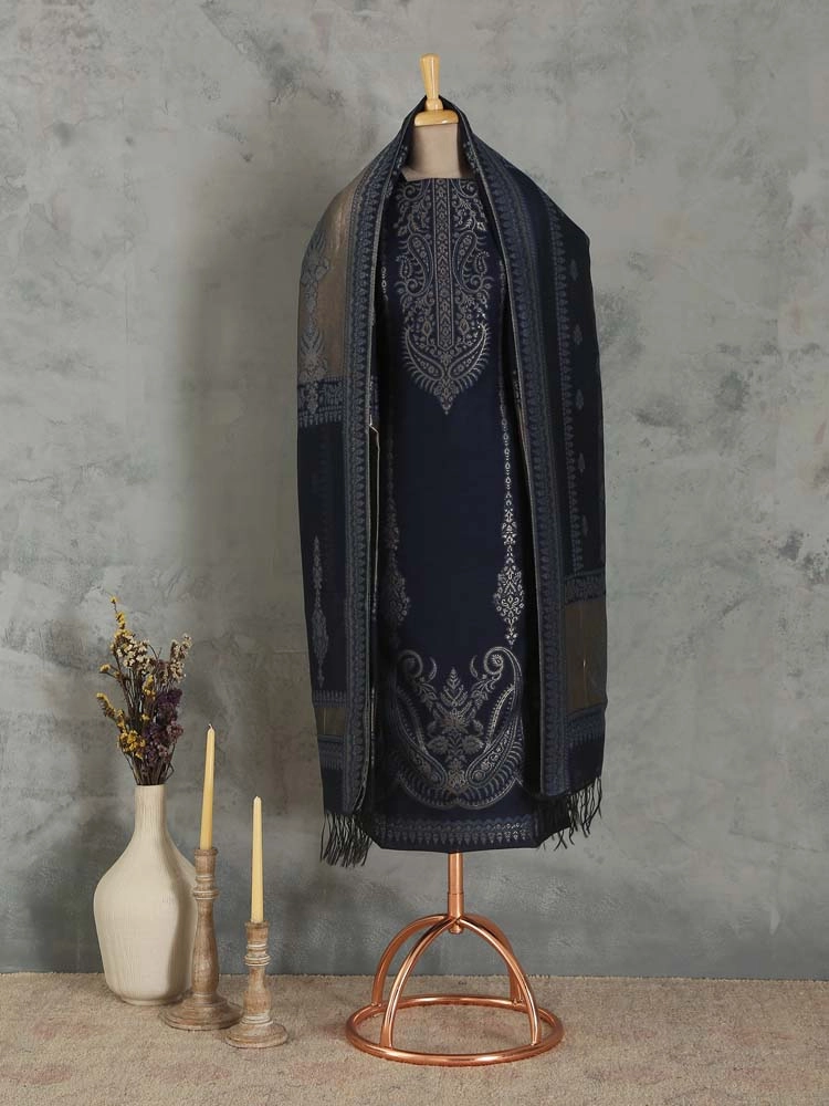 ImageNerina Paisley Silk Linen Unstitched Suit – Navy