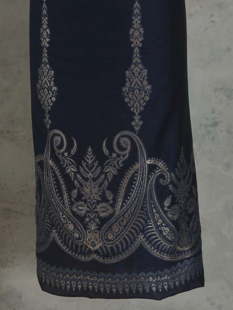ImageNerina Paisley Silk Linen Unstitched Suit – Navy