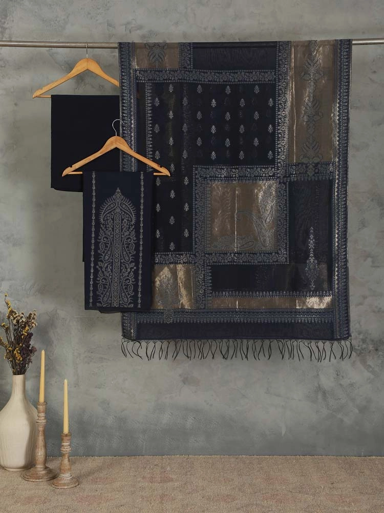 ImageNerina Paisley Silk Linen Unstitched Suit – Navy