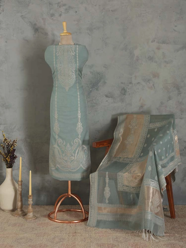 ImageNerina Paisley Silk Linen Unstitched Suit – Aqua Gold