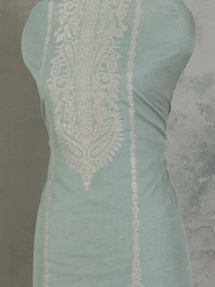 ImageNerina Paisley Silk Linen Unstitched Suit – Aqua Gold