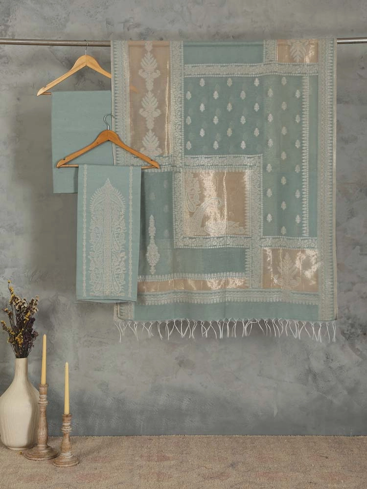 ImageNerina Paisley Silk Linen Unstitched Suit – Aqua Gold