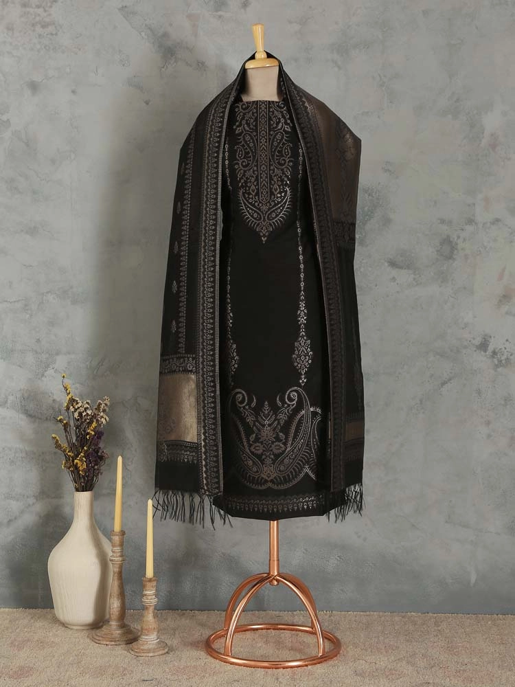 ImageNerina Paisley Silk Linen Unstitched Suit – India Black