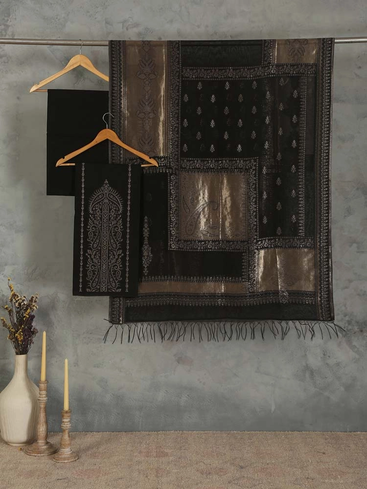 ImageNerina Paisley Silk Linen Unstitched Suit – India Black