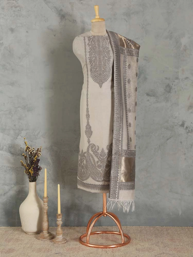 ImageNerina Paisley Silk Linen Unstitched Suit – Champagne Beige