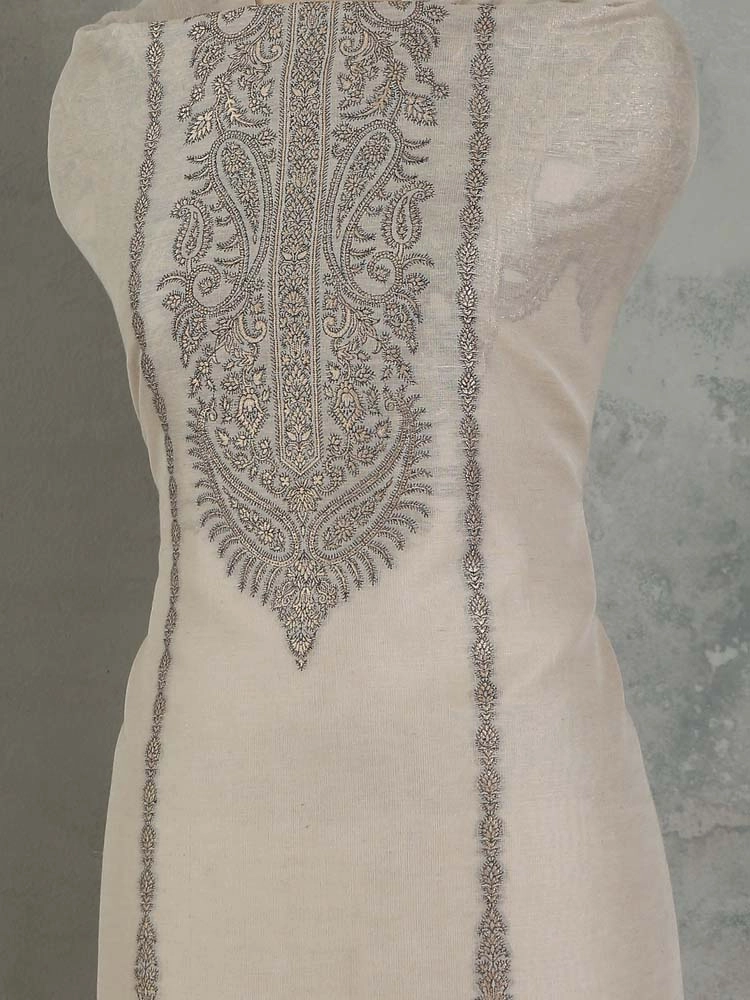 ImageNerina Paisley Silk Linen Unstitched Suit – Champagne Beige