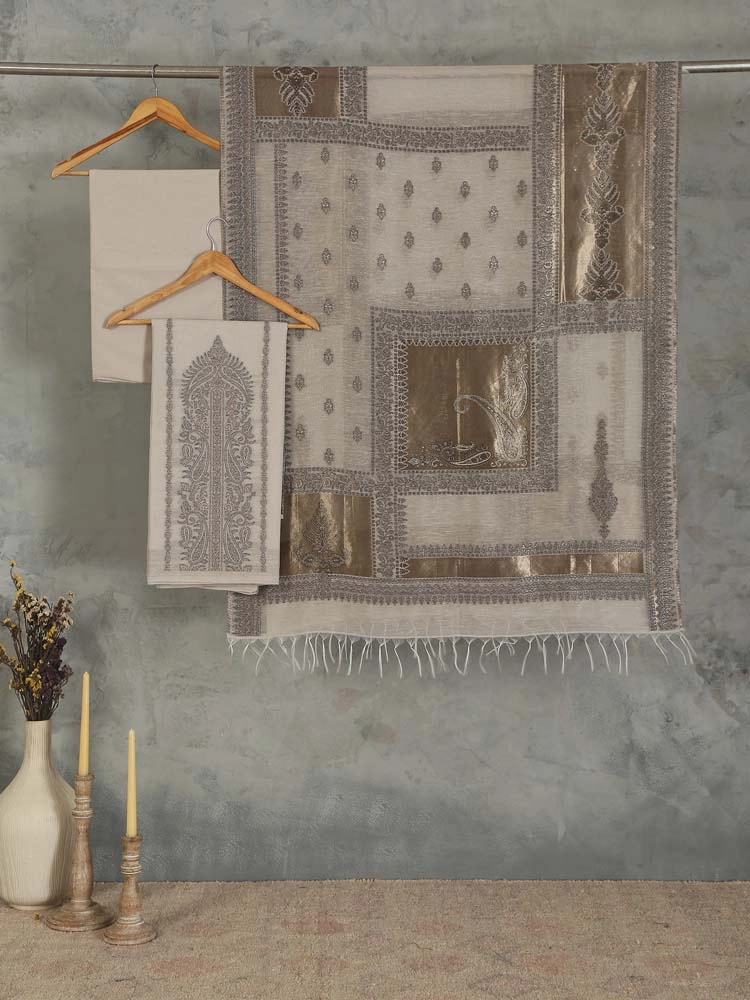 ImageNerina Paisley Silk Linen Unstitched Suit – Champagne Beige