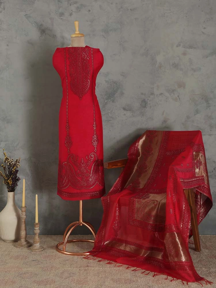 ImageNerina Paisley Silk Linen Unstitched Suit – Gold Vermillion