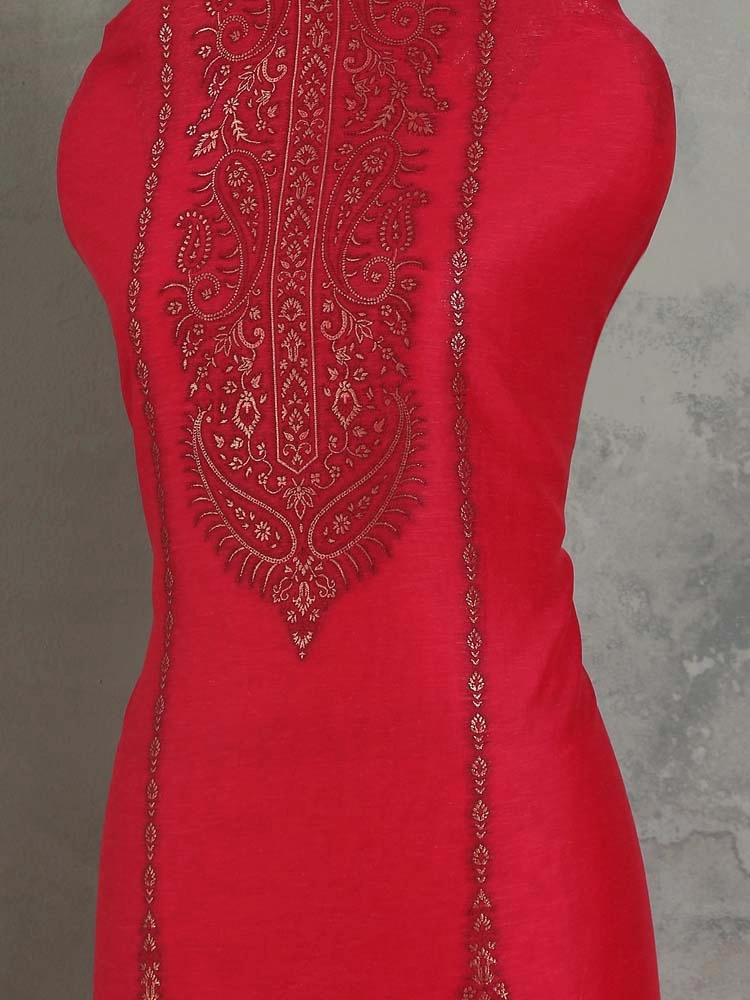 ImageNerina Paisley Silk Linen Unstitched Suit – Gold Vermillion