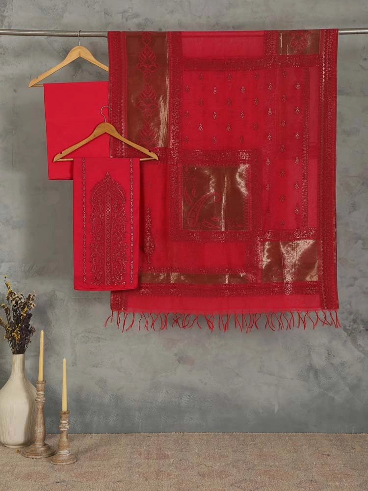 ImageNerina Paisley Silk Linen Unstitched Suit – Gold Vermillion