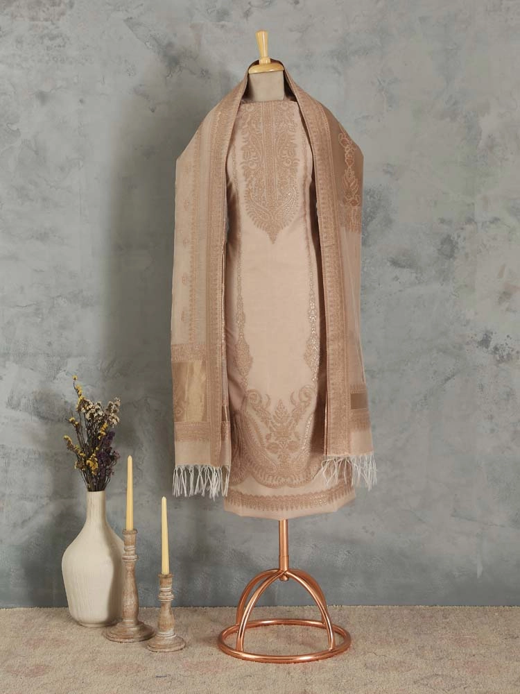 ImageNerina Paisley Silk Linen Unstitched Suit – Ecru Gold