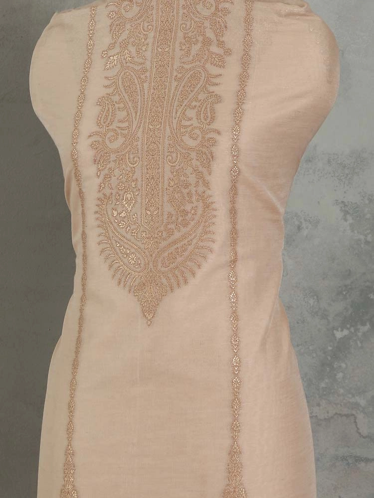 ImageNerina Paisley Silk Linen Unstitched Suit – Ecru Gold