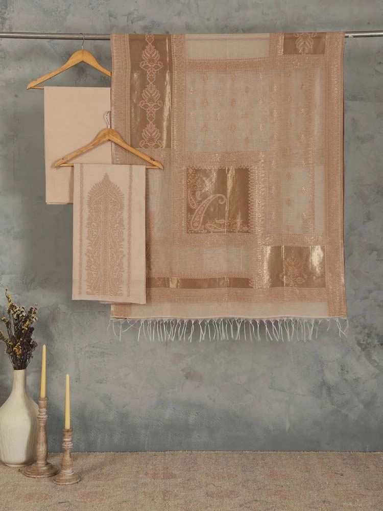 ImageNerina Paisley Silk Linen Unstitched Suit – Ecru Gold
