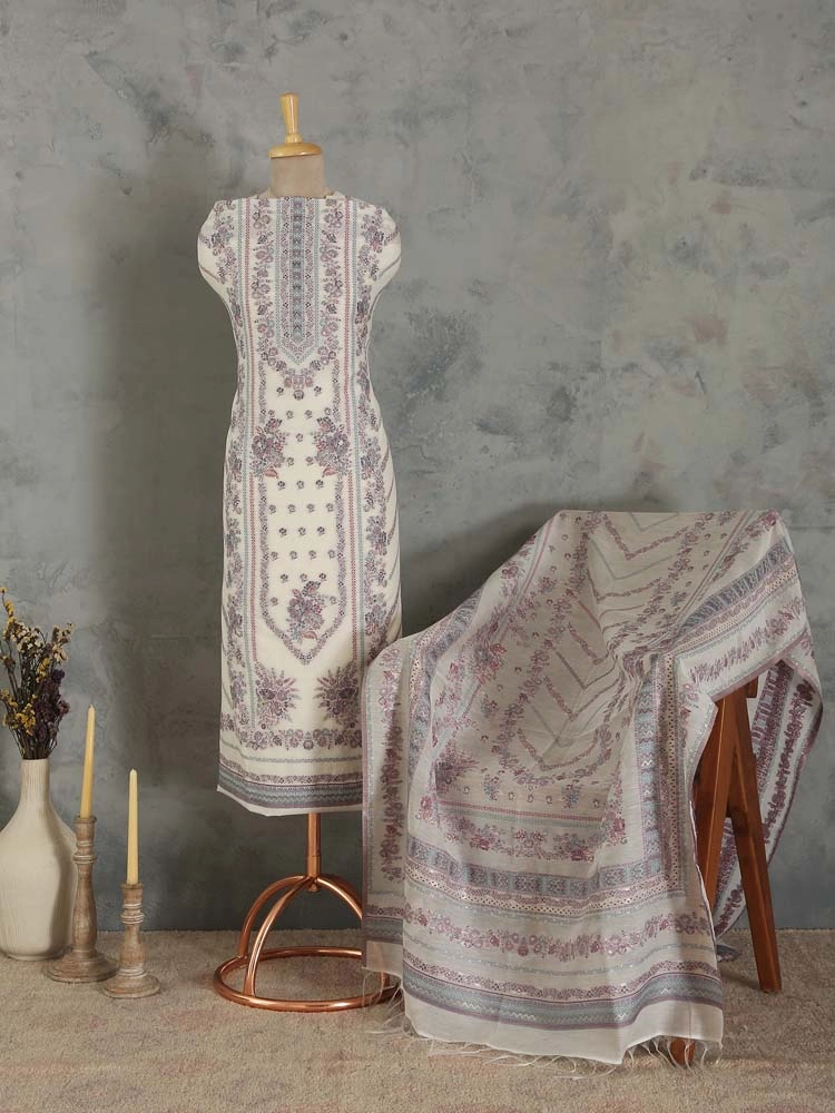 ImageGülendam Phool Silk Cotton Unstitched Suit – Antique White