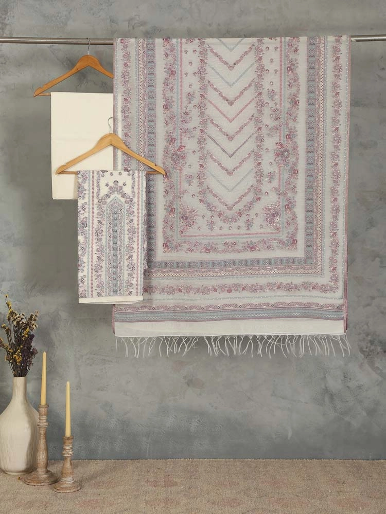 ImageGülendam Phool Silk Cotton Unstitched Suit – Antique White