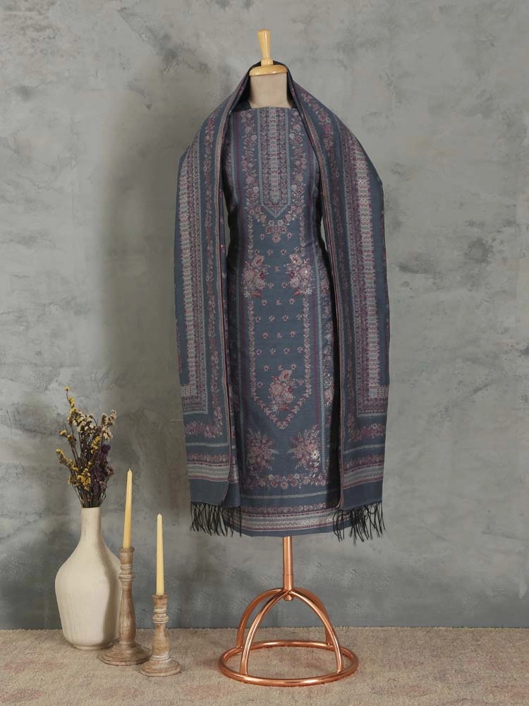 ImageGülendam Phool Silk Cotton Unstitched Suit – Lead Grey