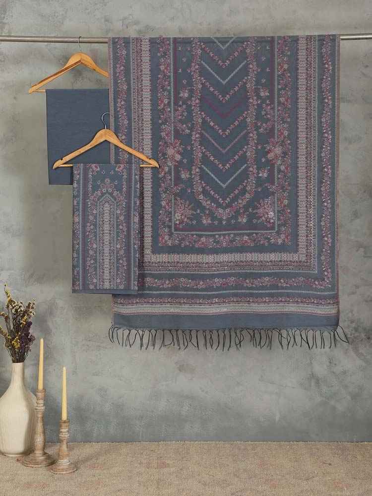 ImageGülendam Phool Silk Cotton Unstitched Suit – Lead Grey