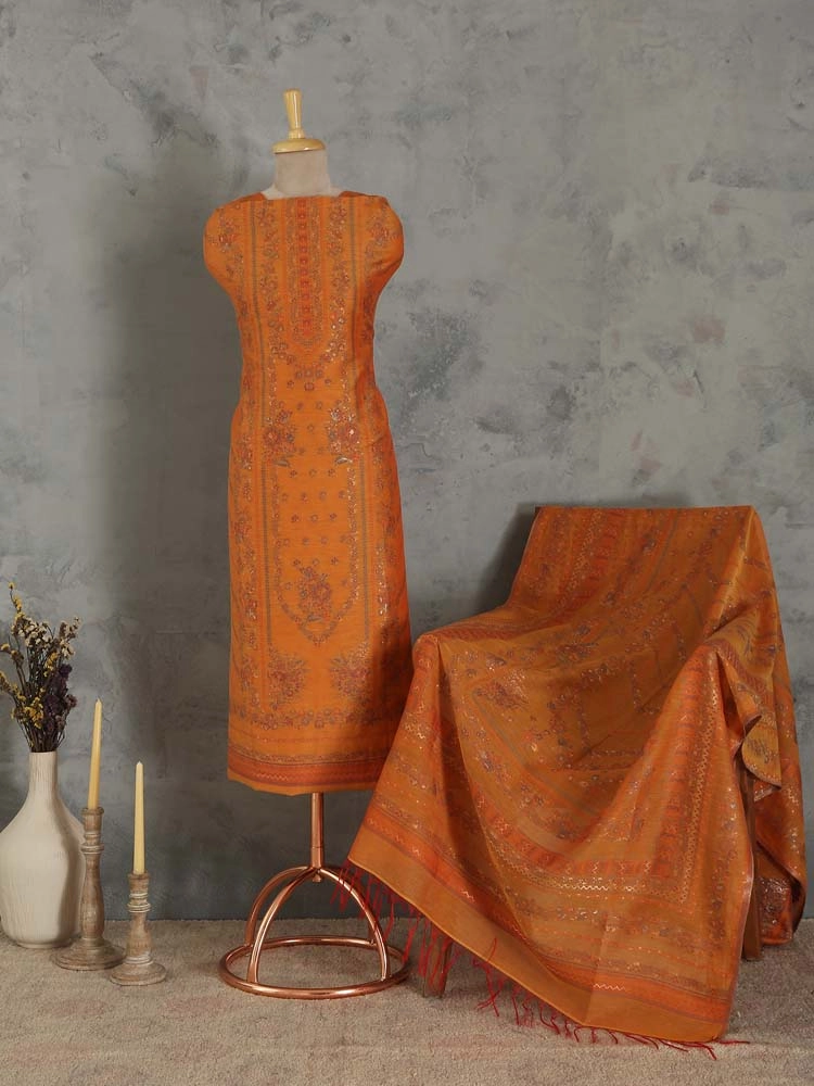 ImageGülendam Phool Silk Cotton Unstitched Suit – Mustard