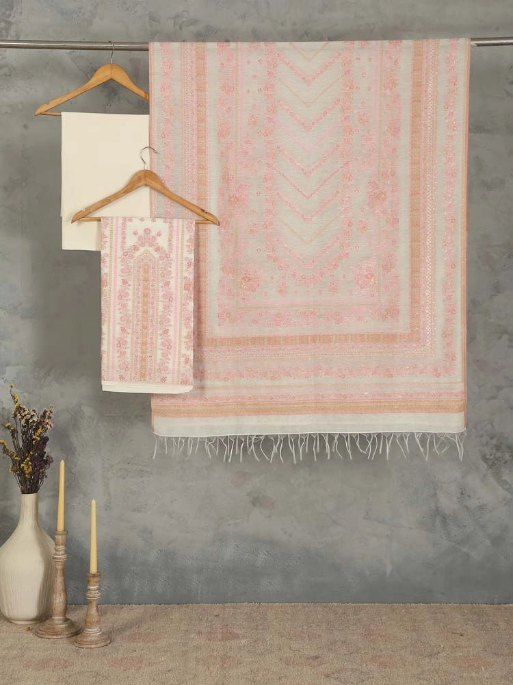 ImageGülendam Phool Silk Cotton Unstitched Suit – Elegant Offwhite