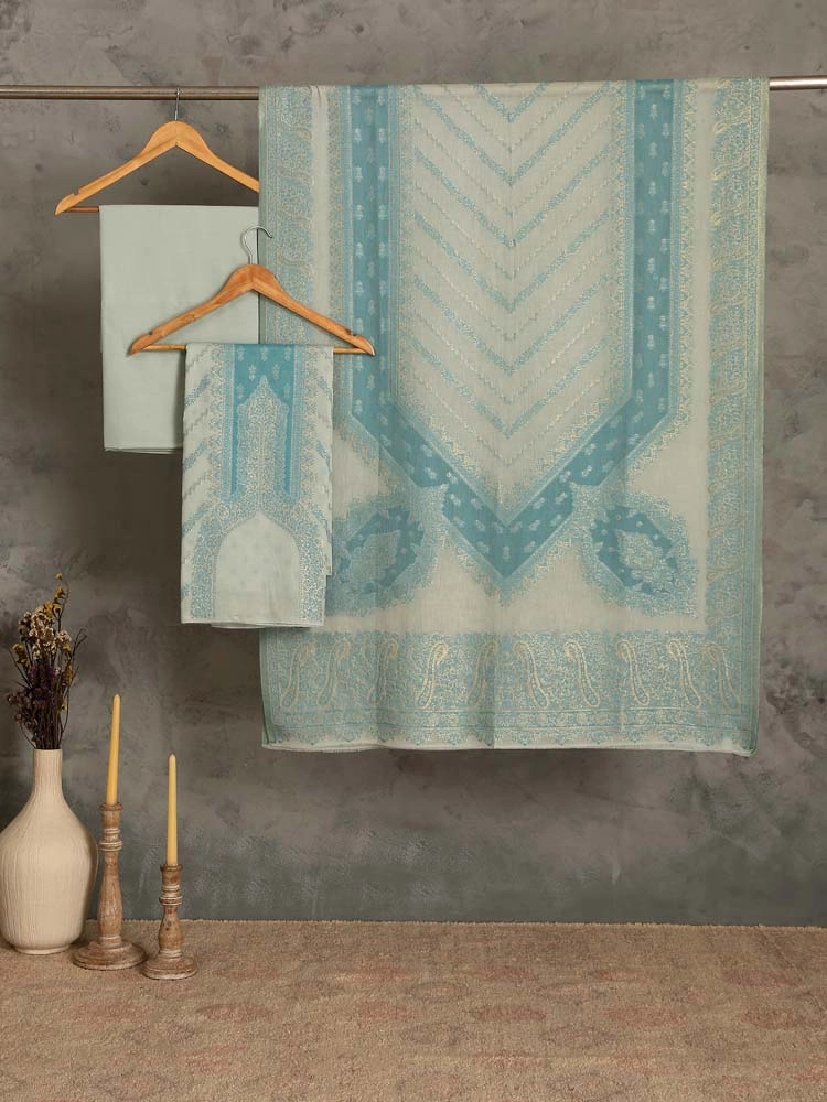 ImageNihan Paisley Cotton Unstitched Suit Set – Ivory, Blue